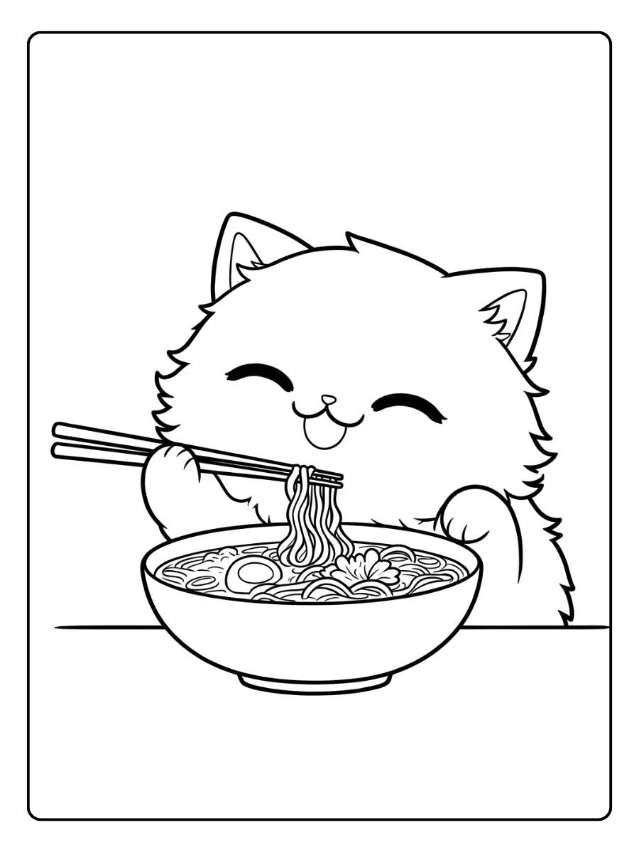 Kleurplaat Kitten Schattig Eet Ramen
