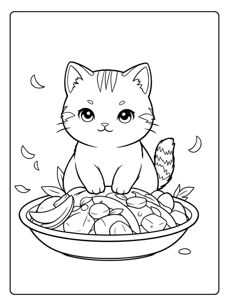 Kleurplaat Kitten Schattig met Fruitsalade