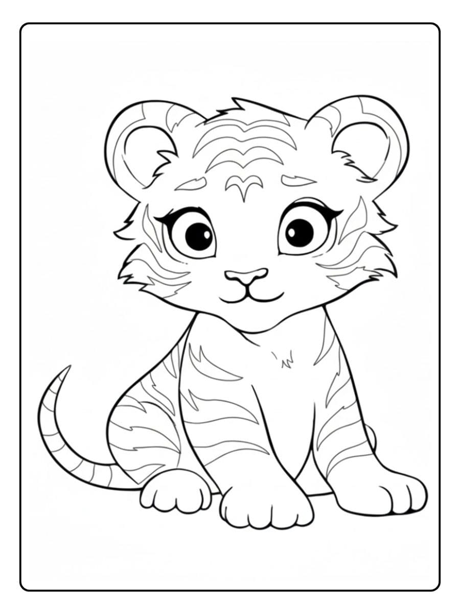 Kleurplaat Schattige Tijger Welpje zit en lacht