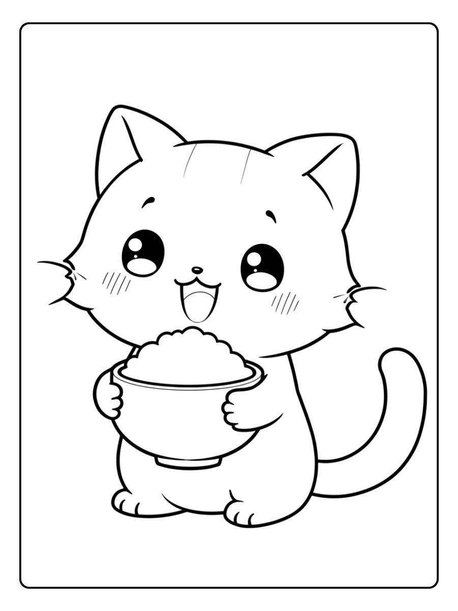 Kleurplaat kitten schattig met voerbakje