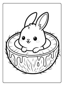 Kleurplaat konijn schattig in een kokosnoot