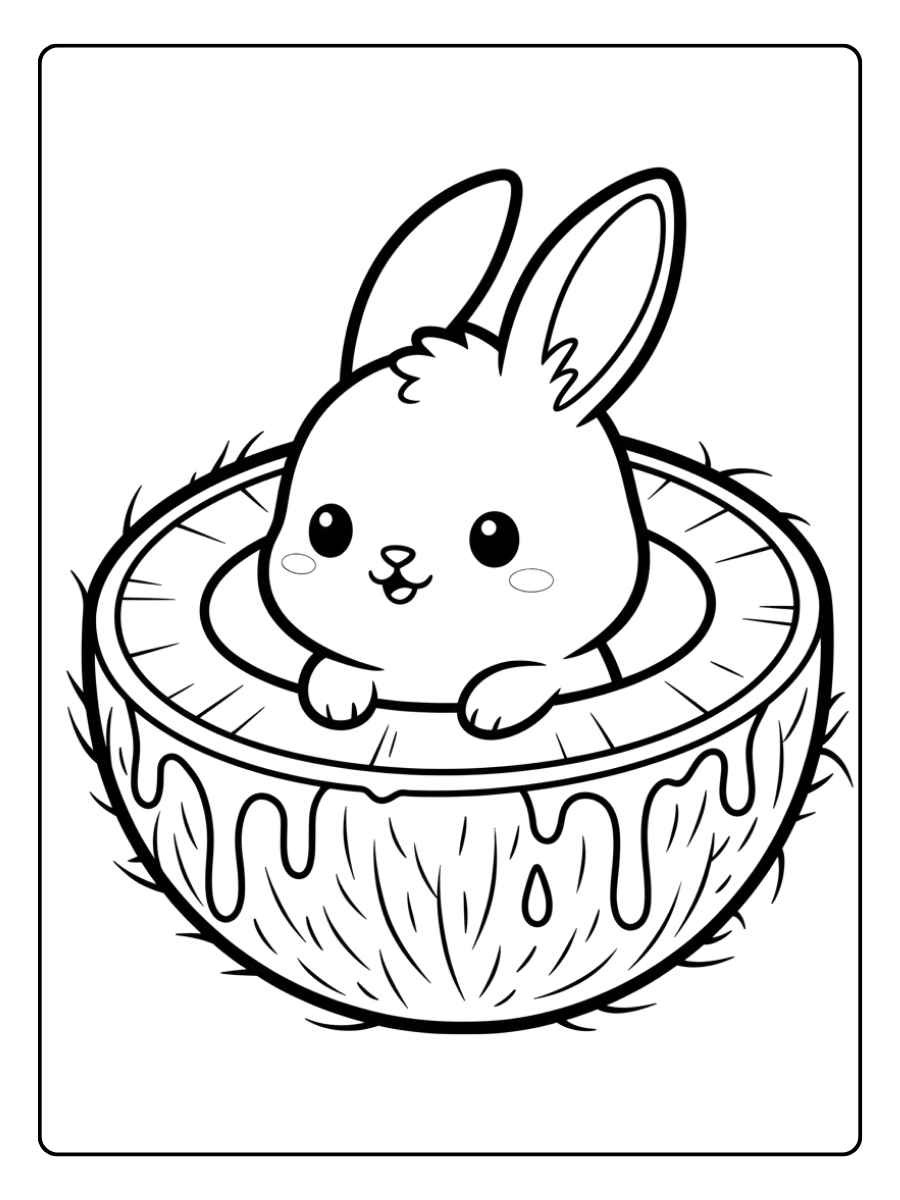 Kleurplaat konijn schattig in een kokosnoot