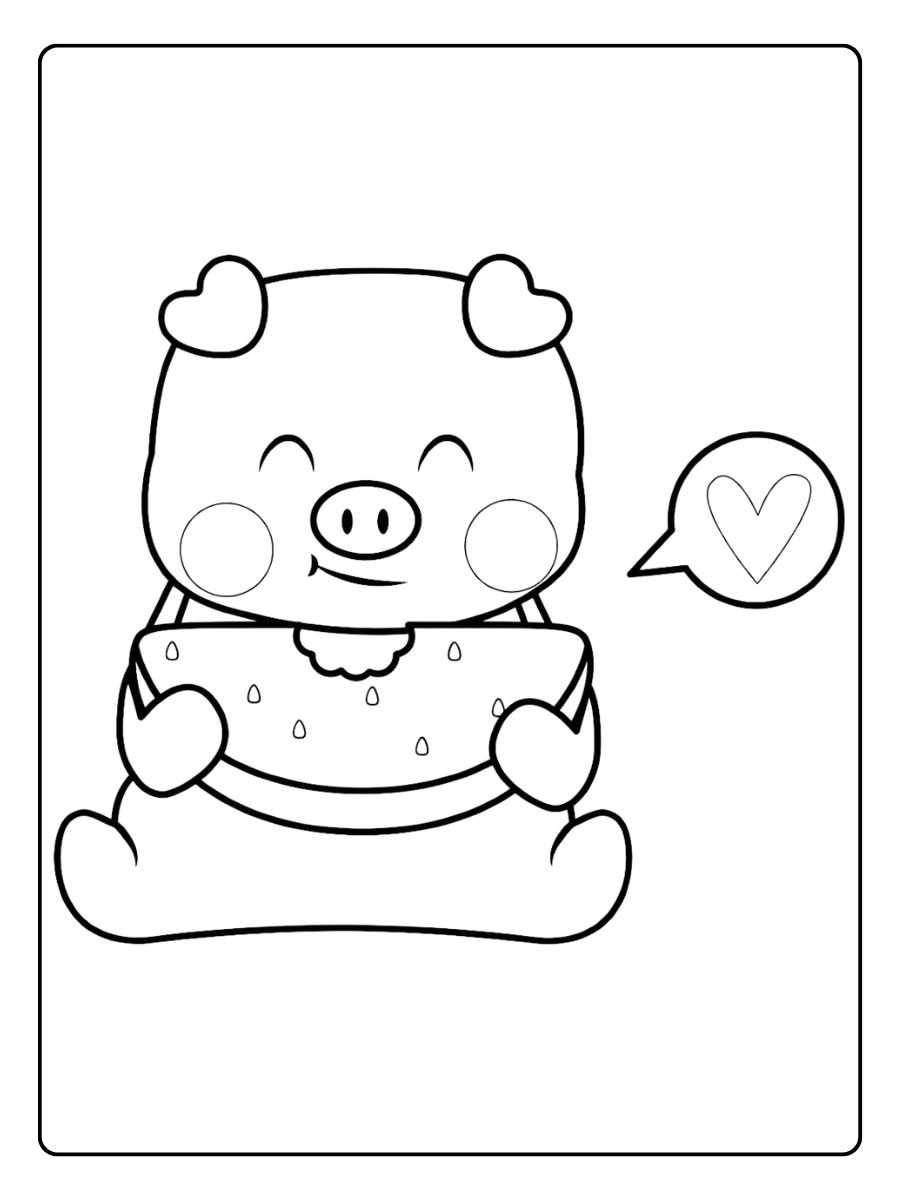 Kleurplaat schattige dieren Lief varkentje eet watermeloen