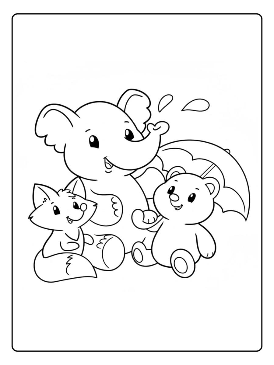 Kleurplaat schattige diertjes Eenvoudige schets van een groep dieren