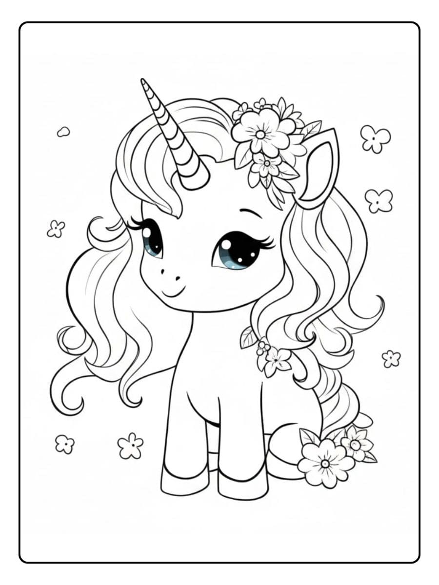 Leuke eenhoorn met bloemen Schattig unicorn unicorn kleurplaat