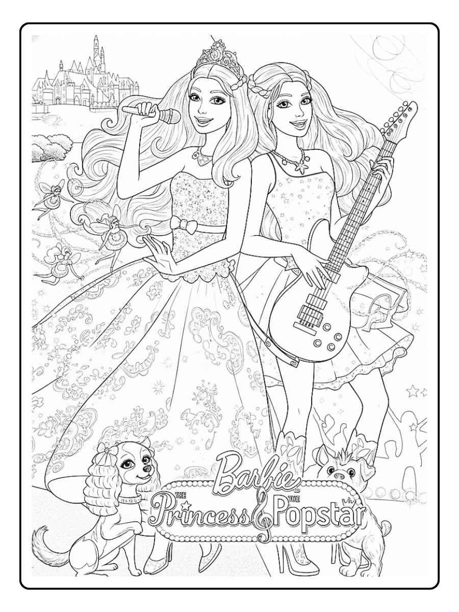 Barbie kleurplaat Barbie en vriendin muziekoptreden