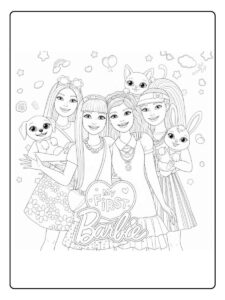 Barbie kleurplaat Barbie en vriendinnen groepfoto