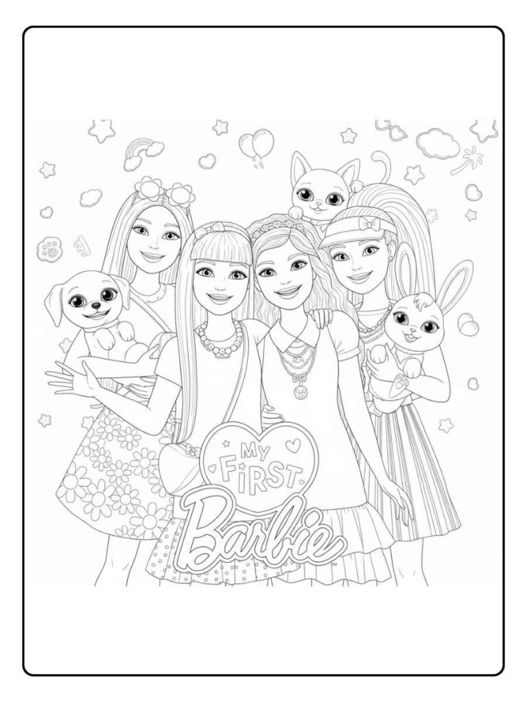 Barbie kleurplaat Barbie en vriendinnen groepfoto