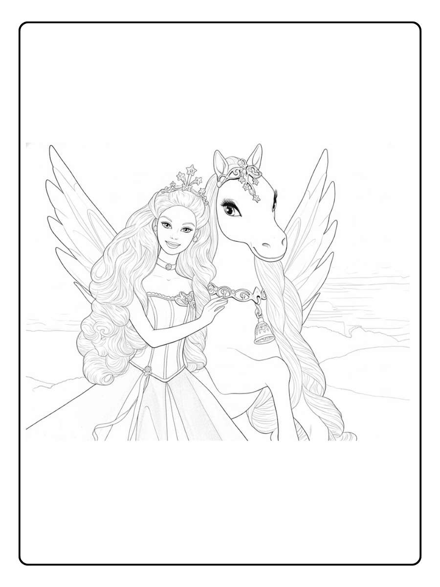 Barbie kleurplaat Barbie met gevleugeld paard