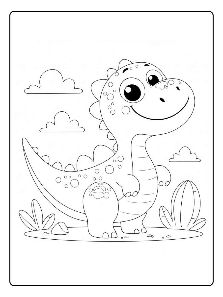 Dino kleurplaat blije dino in natuur