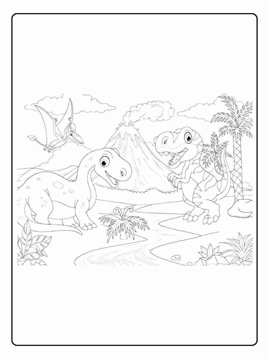 Dino kleurplaat dino’s bij vulkaan landschap