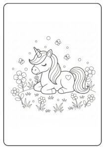 Eenhoorn kleurplaat in de wei