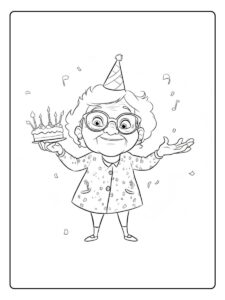 Eenvoudige Kleurplaat Verjaardag Oma met Taart en Feestmuts