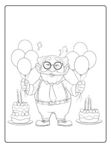 Eenvoudige Kleurplaat Verjaardag Opa met Ballonnen en Taart