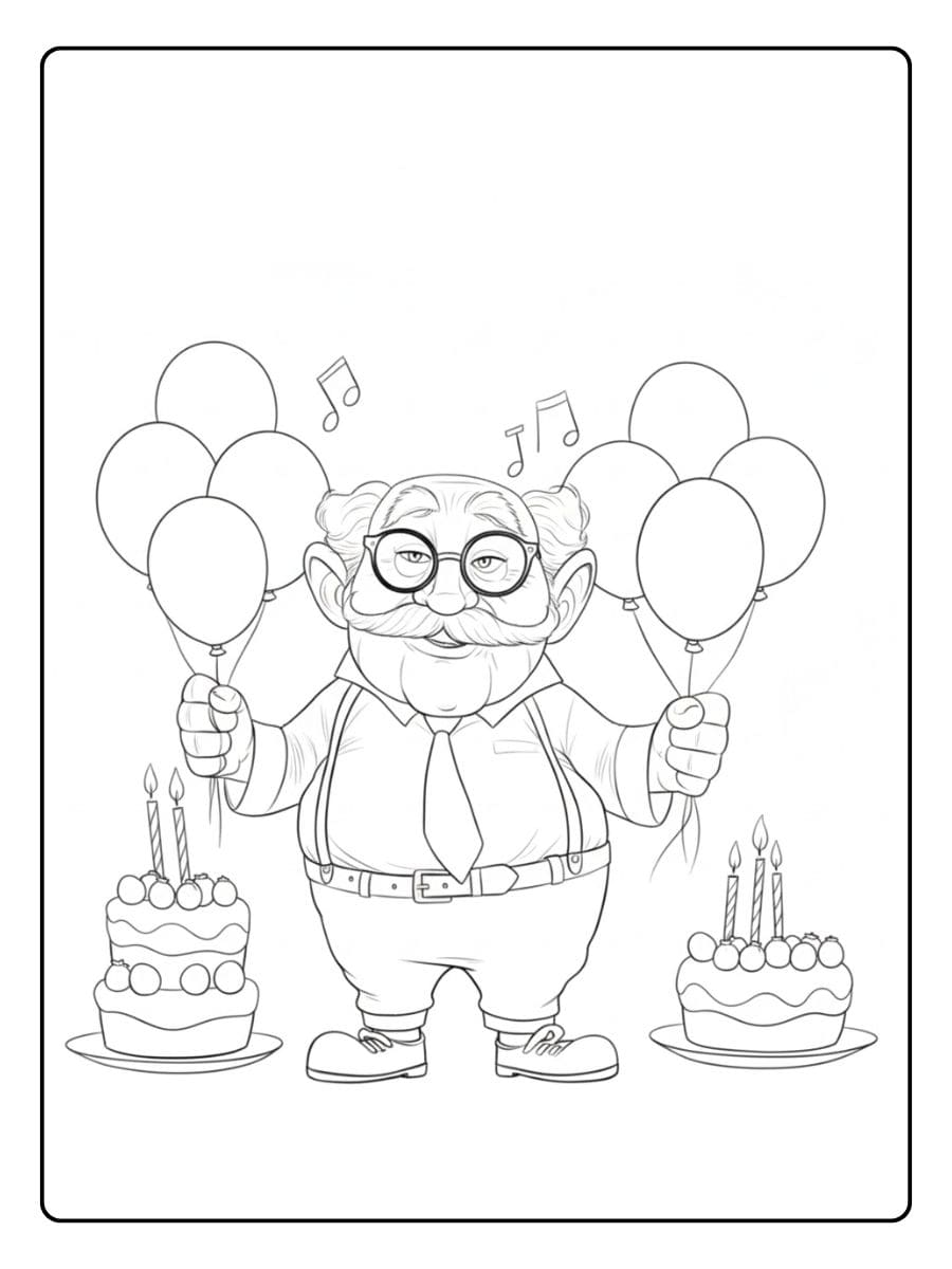 Eenvoudige Kleurplaat Verjaardag Opa met Ballonnen en Taart