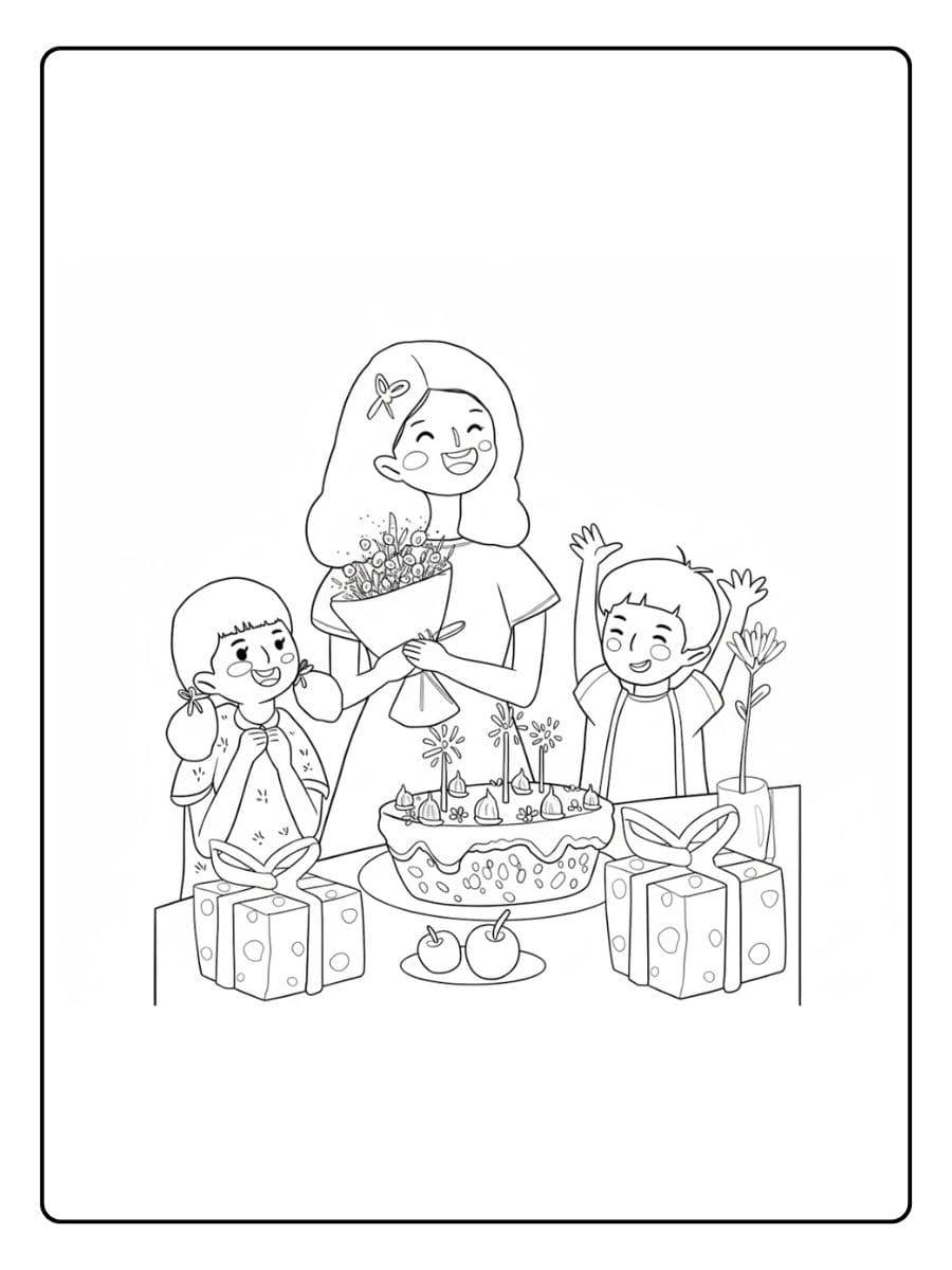 Eenvoudige Lijntekening Kleurplaat Verjaardag Mama en Kinderen met Cadeaus