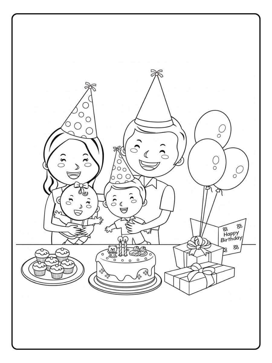Gezin viert verjaardag van papa kleurplaat verjaardag papa