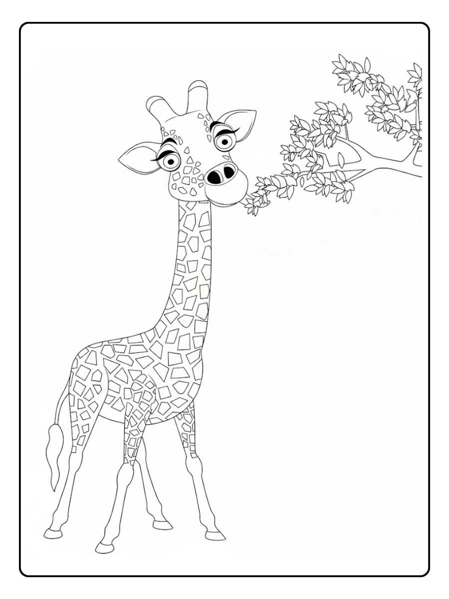 Giraf kleurplaat giraf die aan bladeren knabbelt