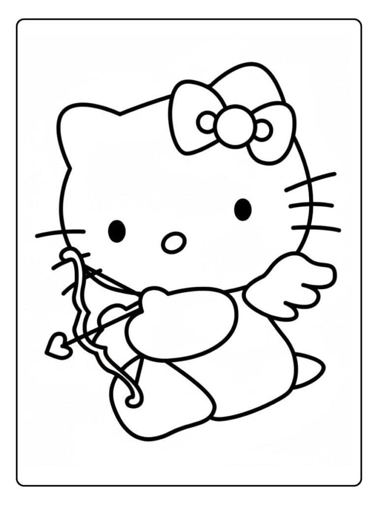 Hello Kitty kleurplaat Cupido met pijl en boog
