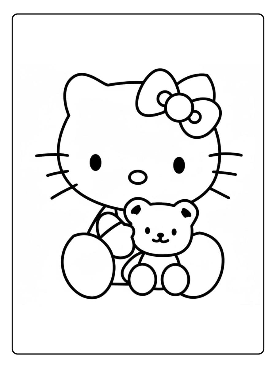 Hello Kitty kleurplaat met knuffelbeer
