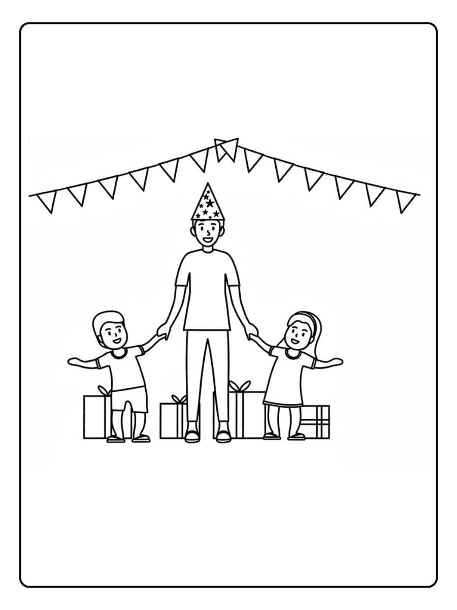 Kleurenpagina Gelukkige Verjaardag Papa met Kinderen en Cadeautjes