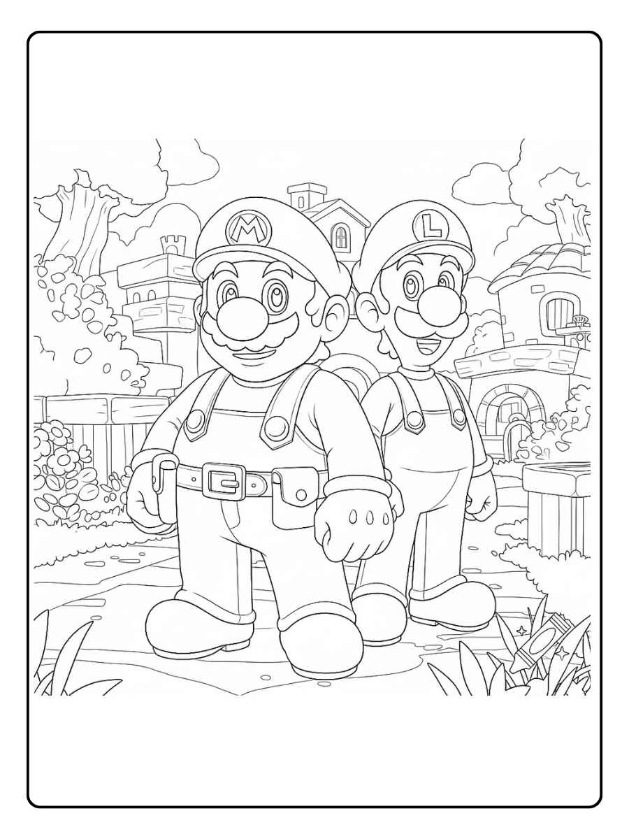 Kleurplaat Mario en Luigi op bouwplaats