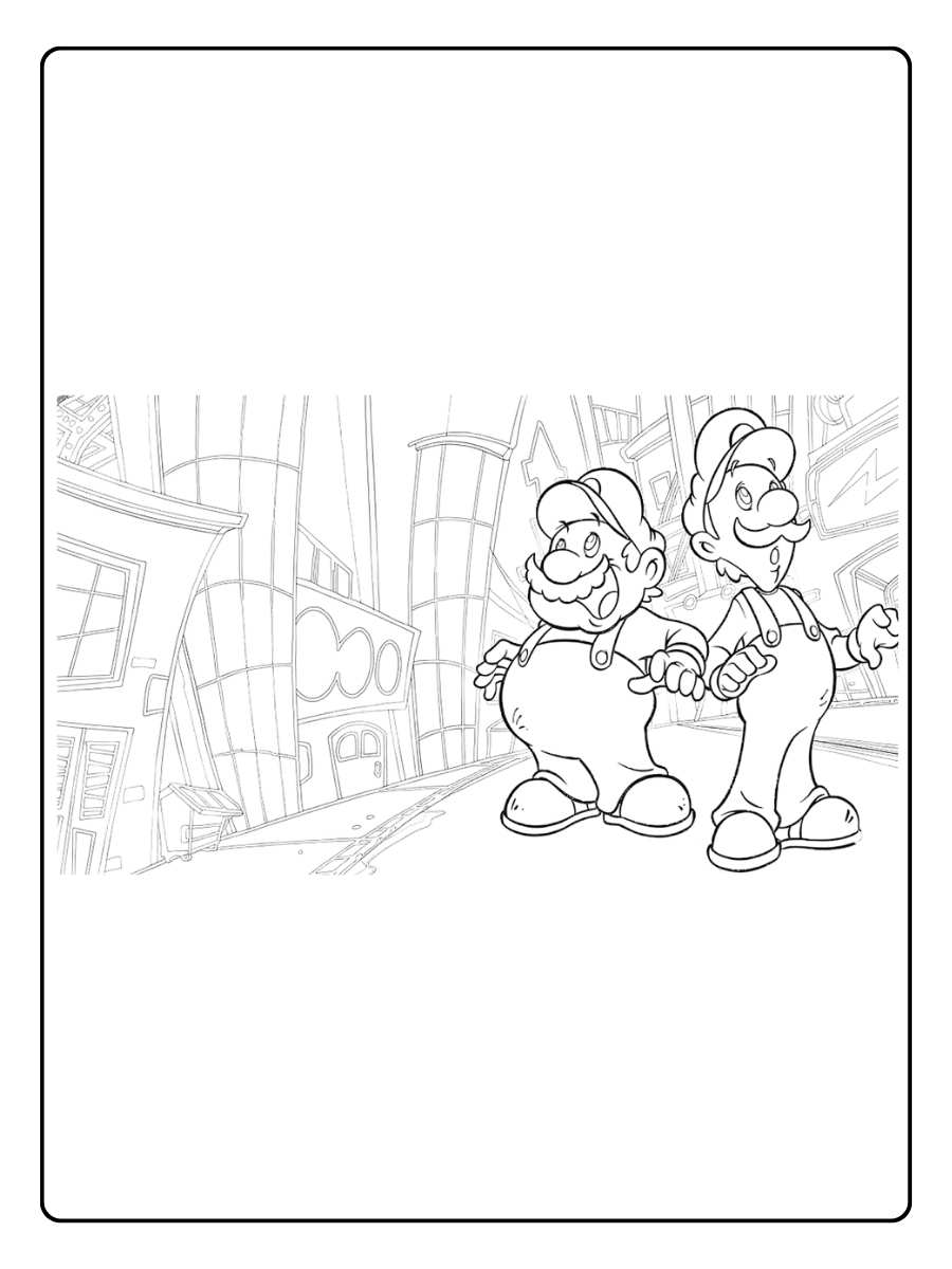 Kleurplaat Mario en Luigi wandelend door stad