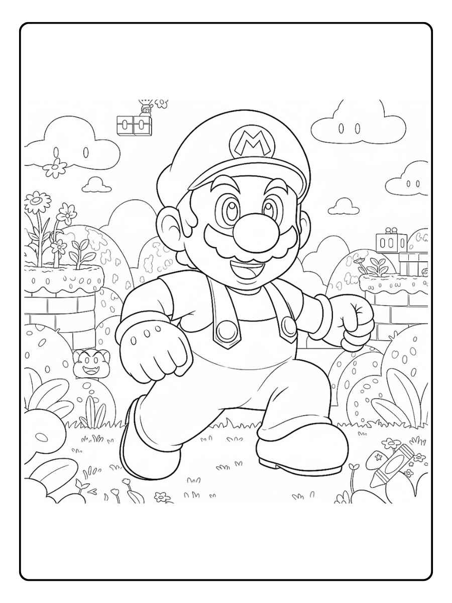 Kleurplaat Mario staand in avontuurwereld