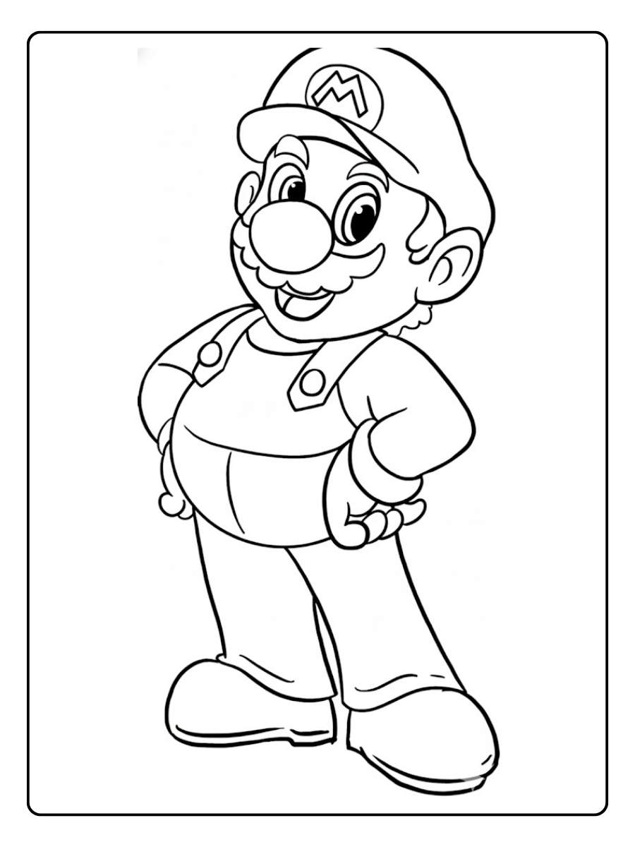 Kleurplaat Mario staand met handen in zij