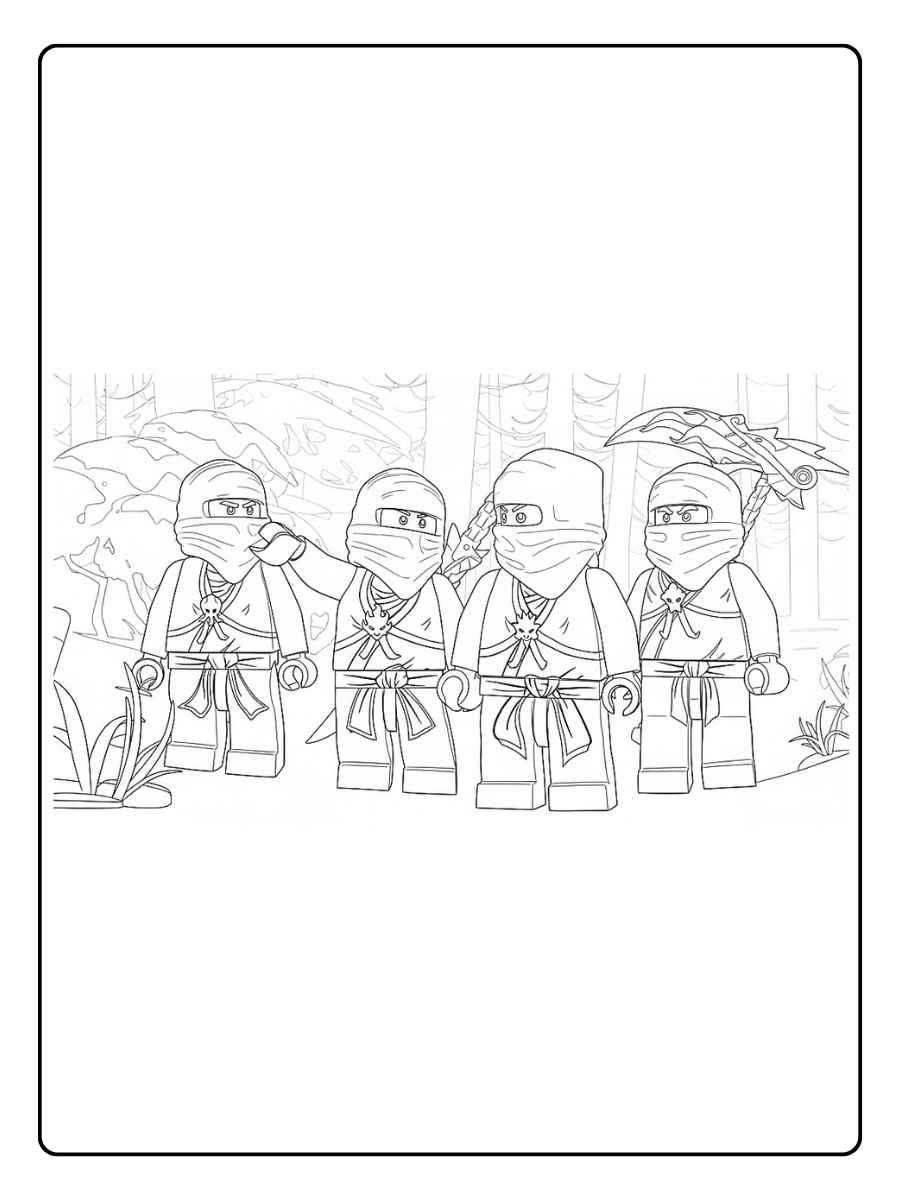 Kleurplaat Ninjago groep ninja’s samen