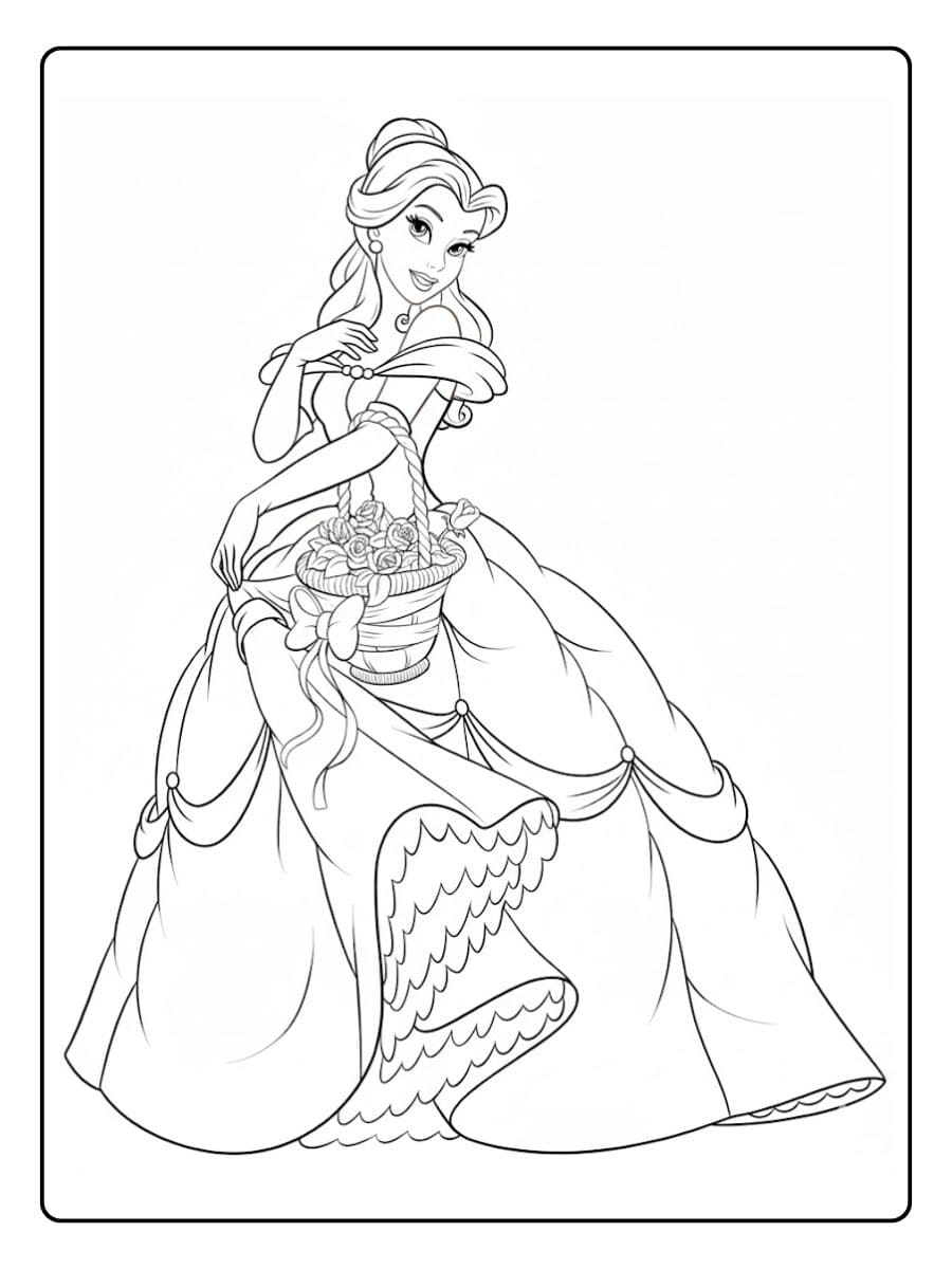 Kleurplaat Prinses Belle met bloemenmand