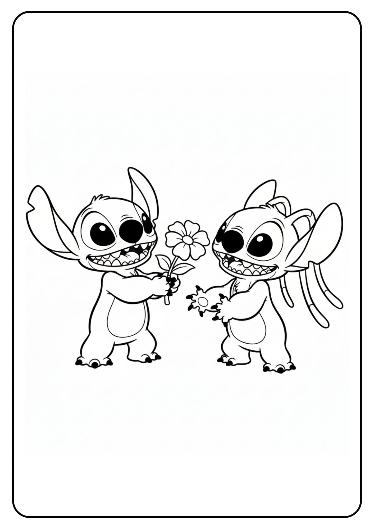 Kleurplaat Stitch en Angel Met Bloem