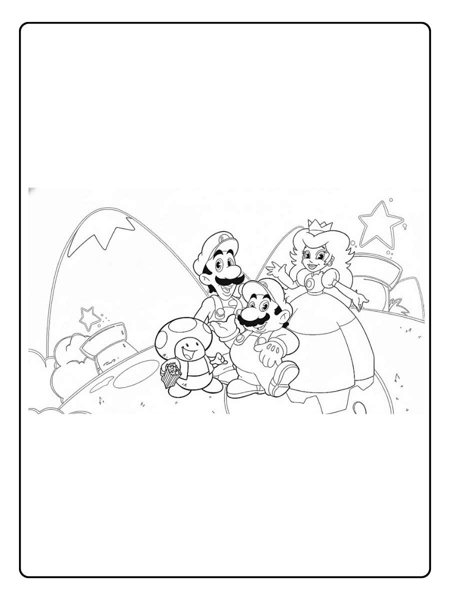 Kleurplaat Super Mario en vrienden in landschap