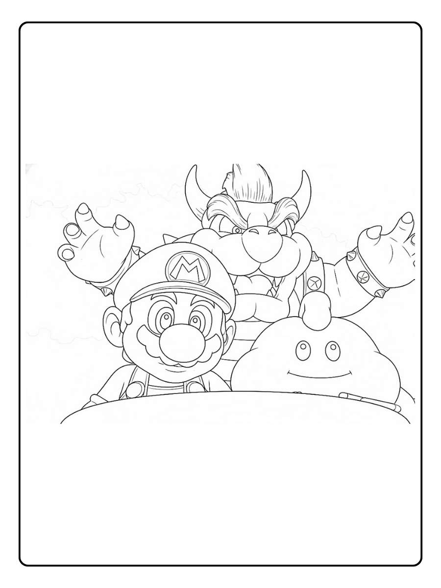 Kleurplaat Super Mario met Bowser en vijanden