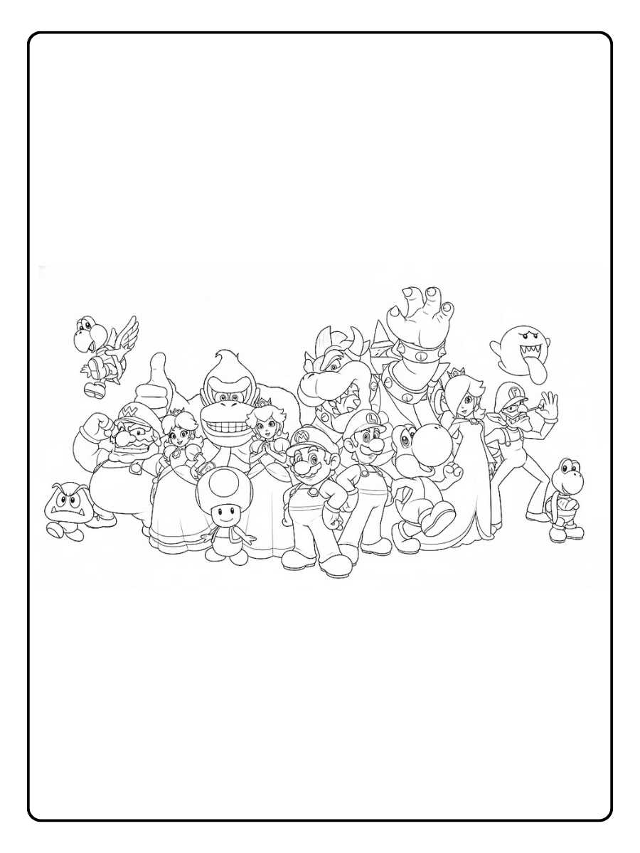 Kleurplaat Super Mario met alle personages