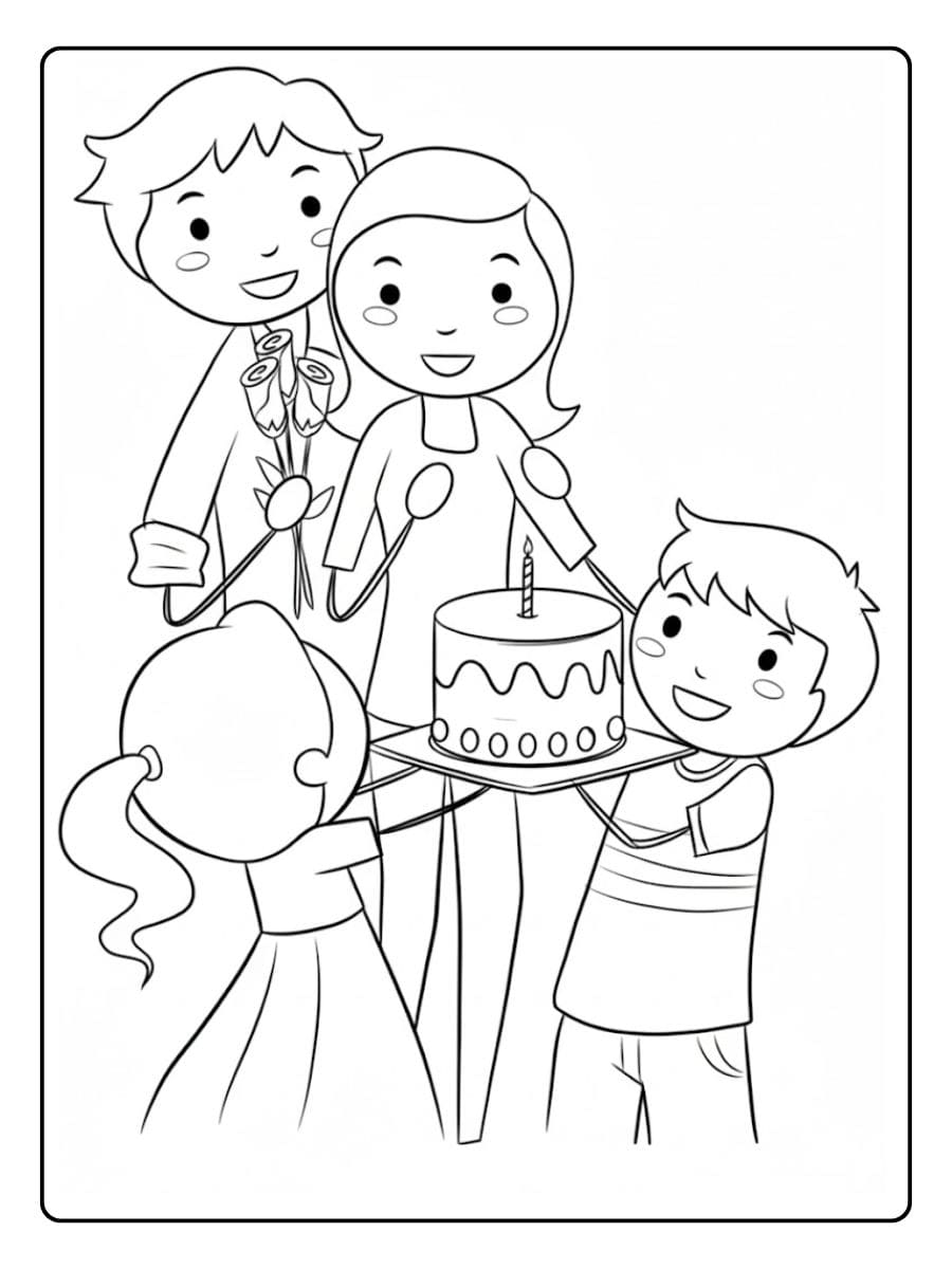 Kleurplaat Verjaardag Mama Gezin Taart