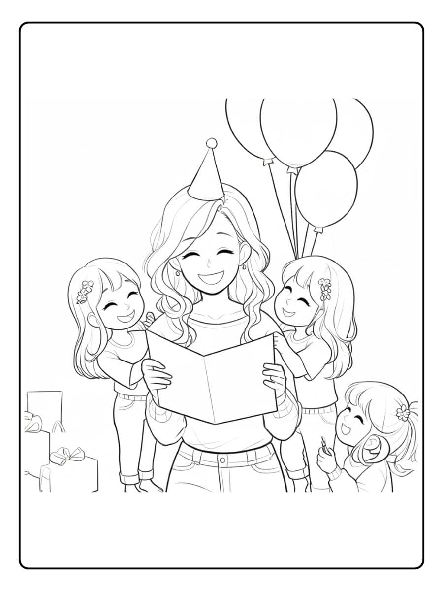 Kleurplaat Verjaardag Mama Vrolijke Verrassing met Cadeaus en Ballonnen