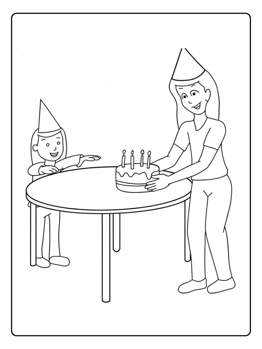 Kleurplaat Verjaardag Mama en Kind met Taart