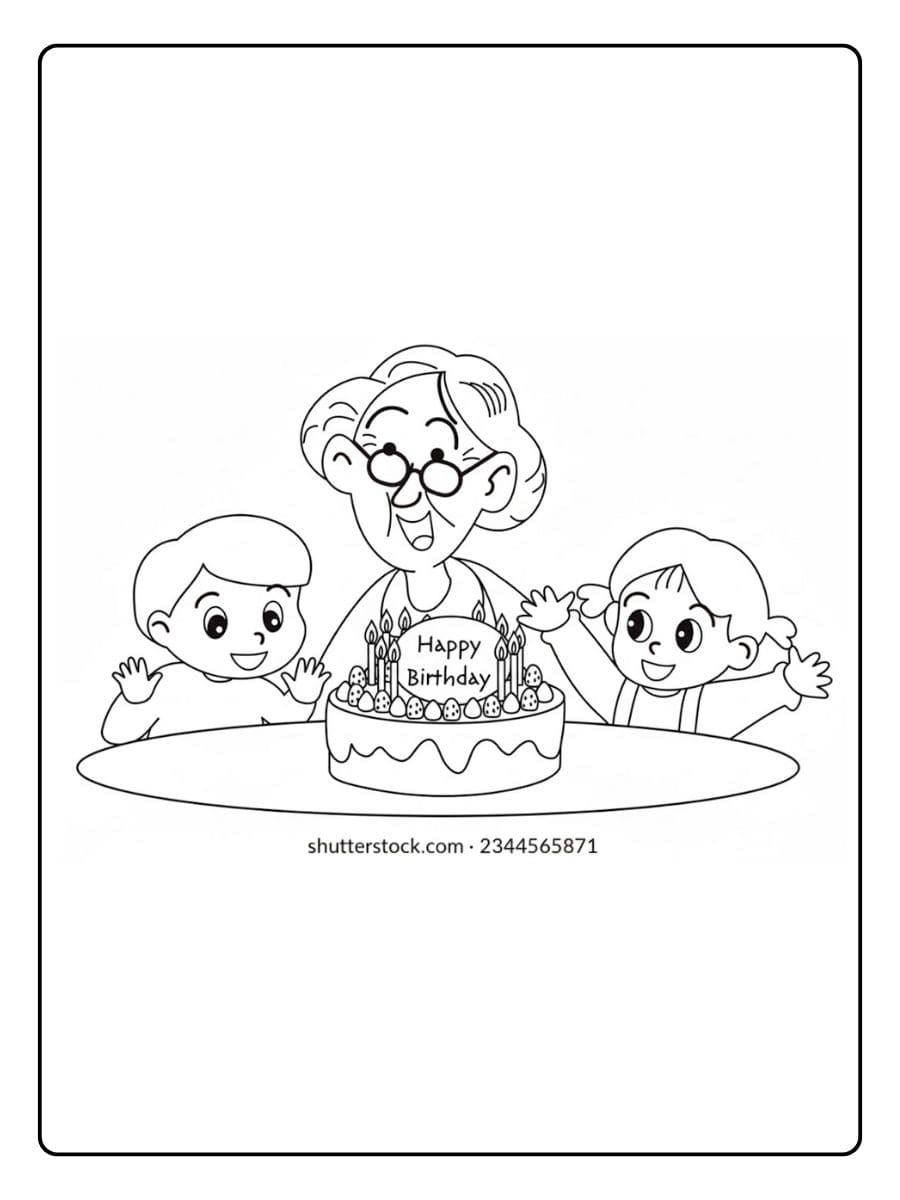 Kleurplaat Verjaardag Oma met Kleinkinderen en Taart