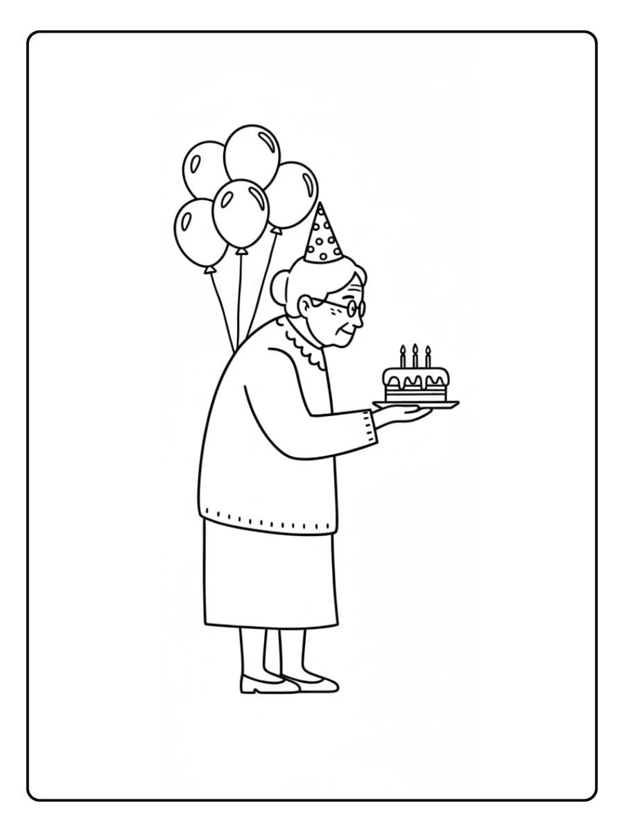 Kleurplaat Verjaardag Oma met Taart en Ballonnen