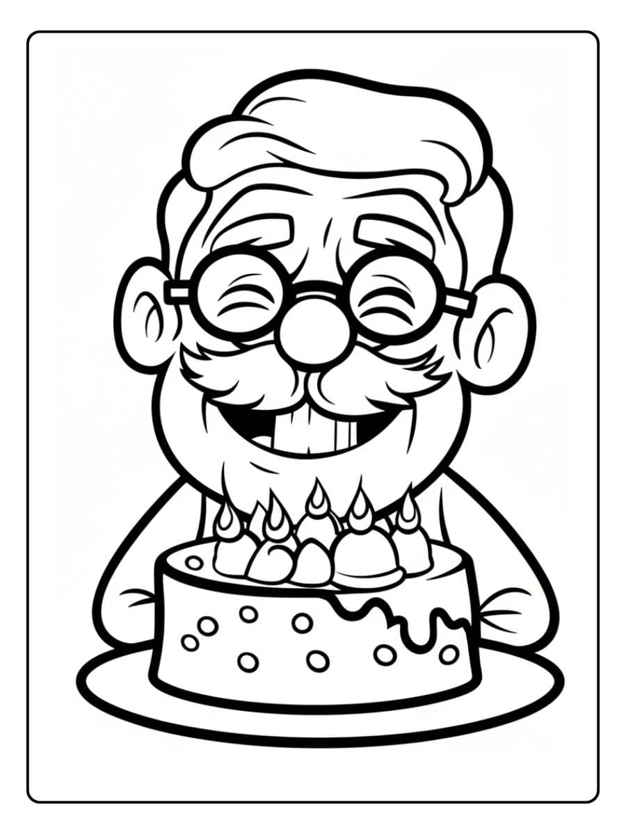 Kleurplaat Verjaardag Opa Lachende man met bril en snor die taart vasthoudt