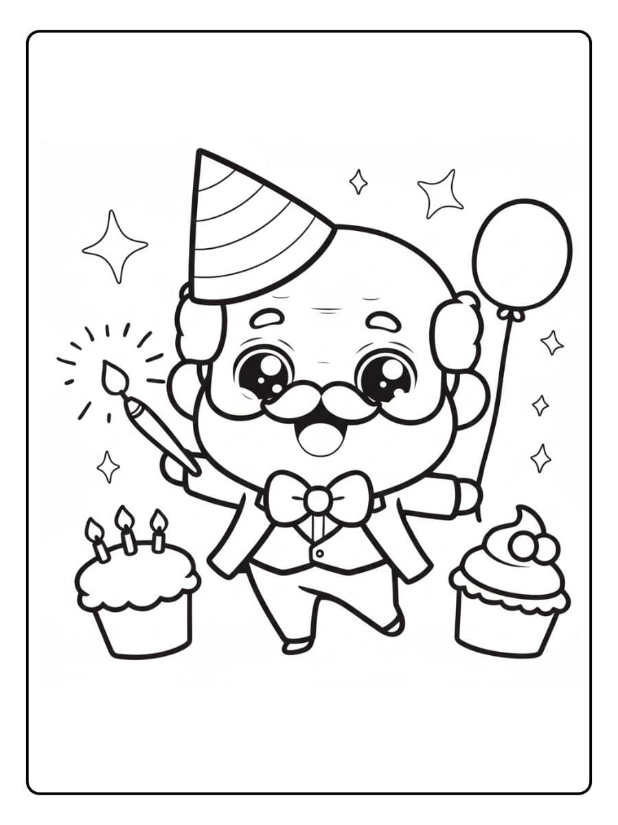 Kleurplaat Verjaardag Opa met Feestmuts en Cupcakes