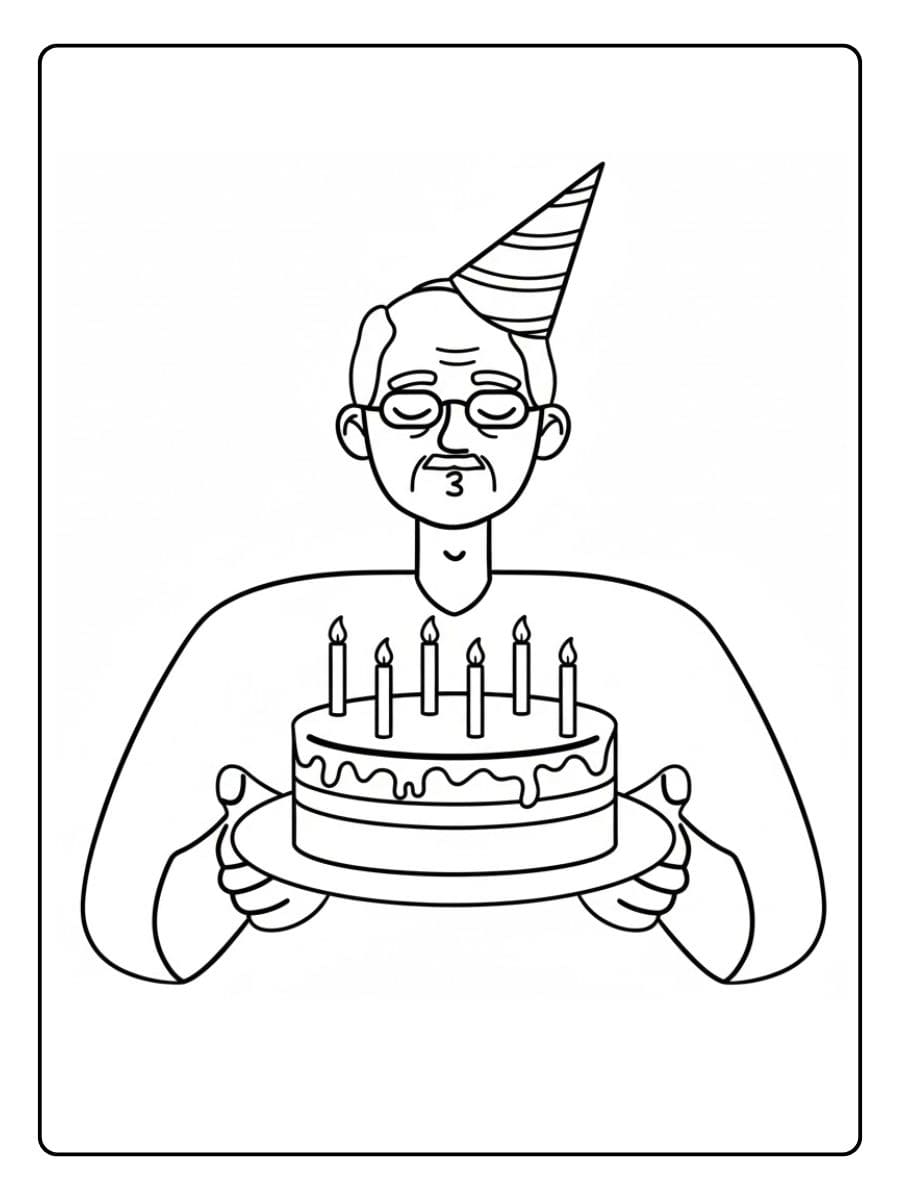 Kleurplaat Verjaardag Opa met Taart en Feestmuts
