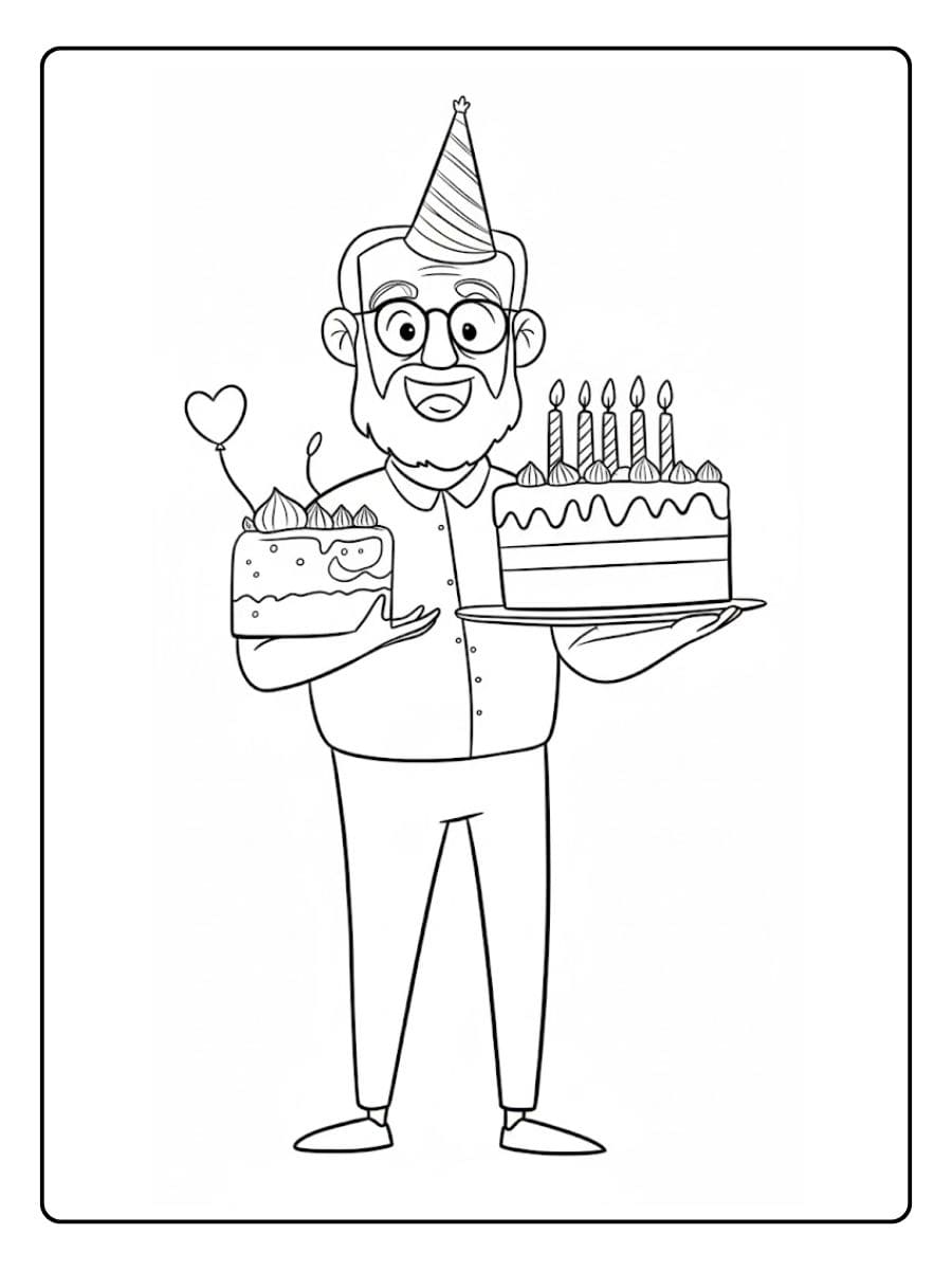Kleurplaat Verjaardag Opa met Taarten en Feestmuts