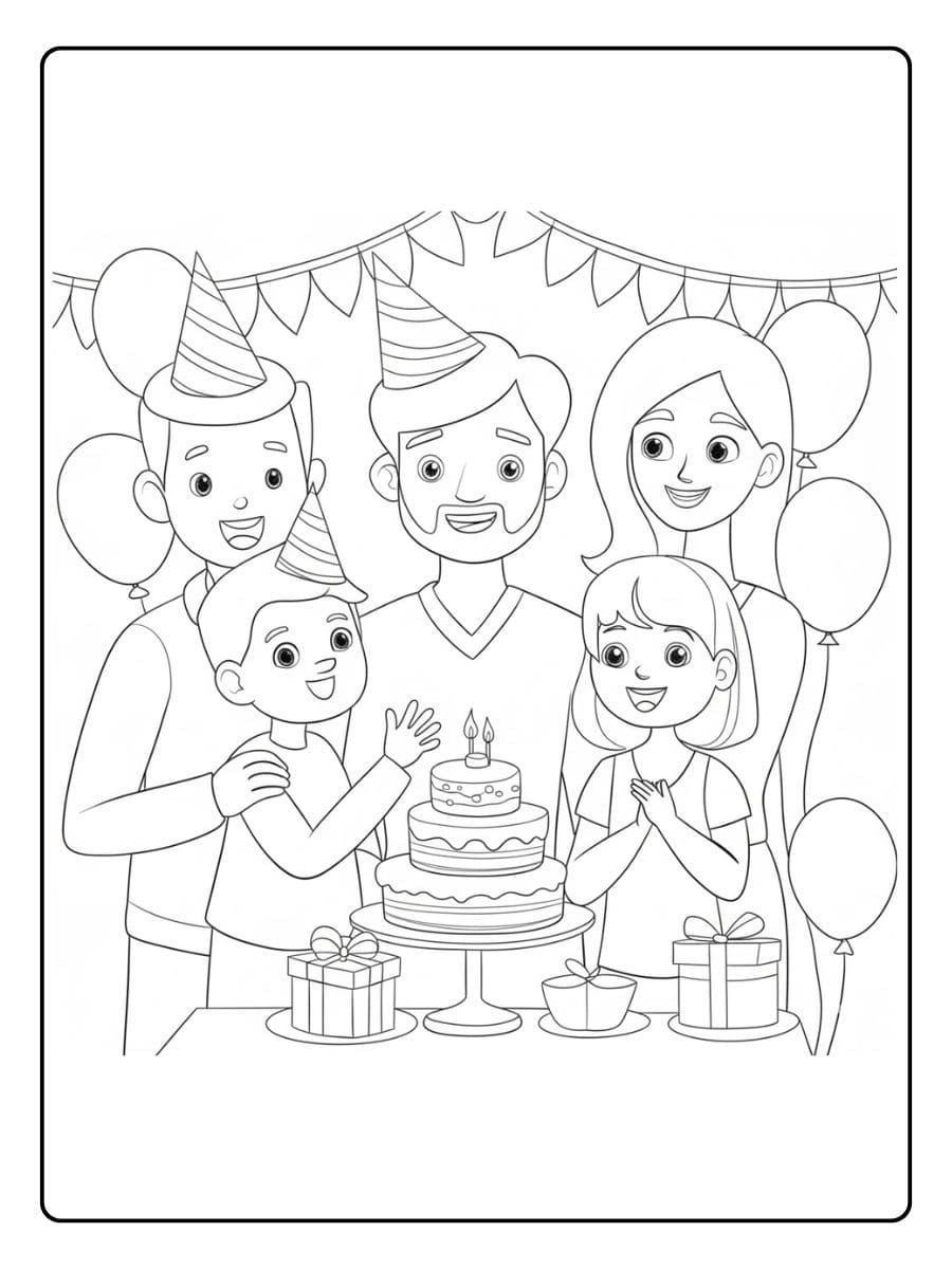 Kleurplaat Verjaardag Papa met Familie en Cadeaus
