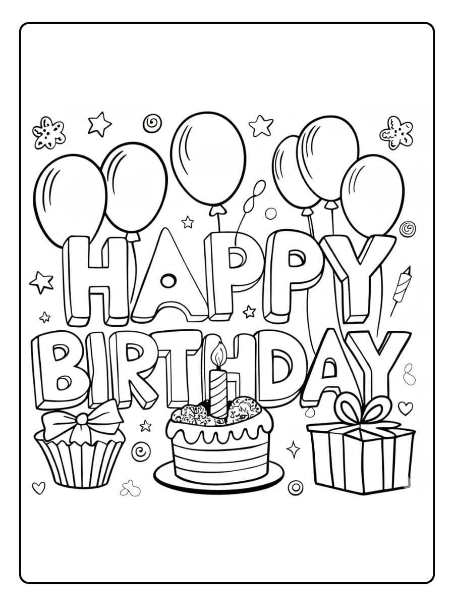 Kleurplaat Verjaardag Simpel Ballonnen Taart Cadeau