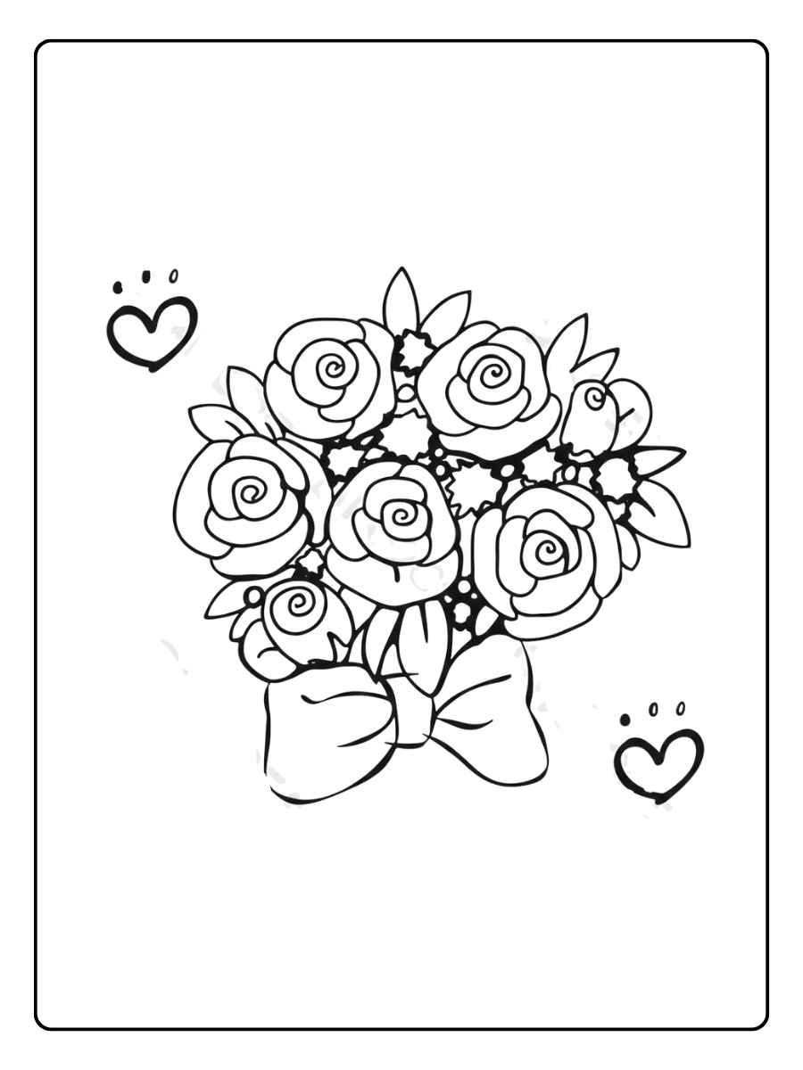 Kleurplaat bloemen boeket rozen met strik