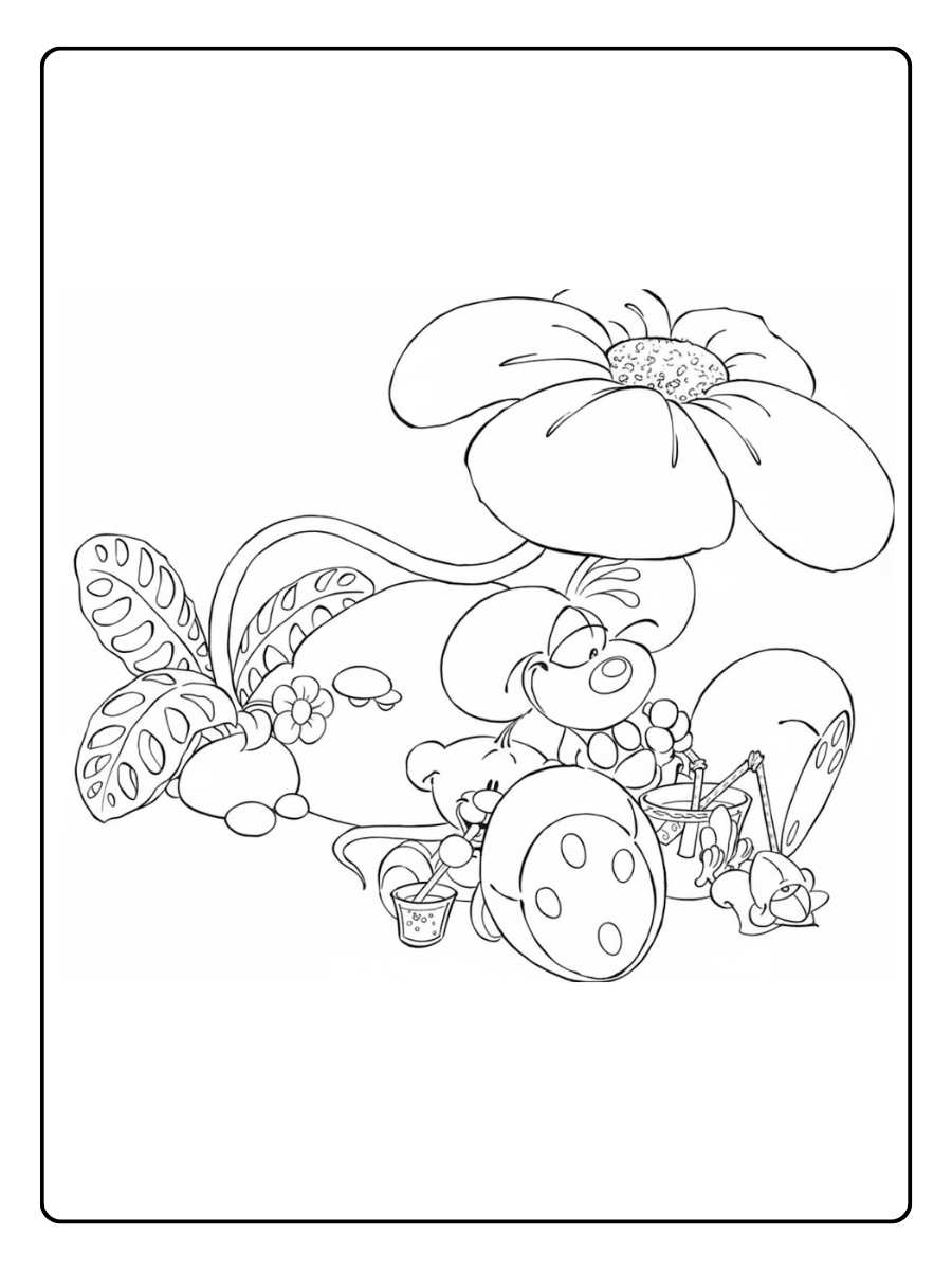Kleurplaat bloemen en paddenstoel met elfje