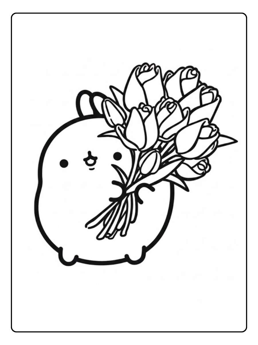 Kleurplaat bloemen schattig figuurtje met tulpenboeket