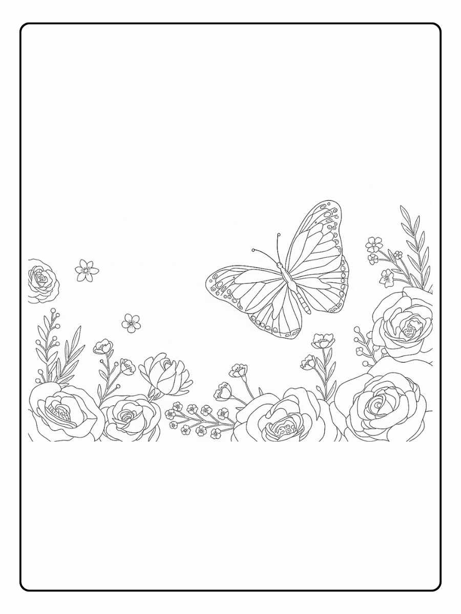 Kleurplaat bloemen vlinders Bloemenrand met vlinders